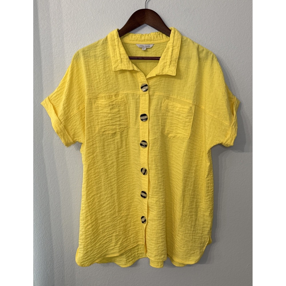 John Mark wire collar button up shirt women's large yellow vibrant beach resort